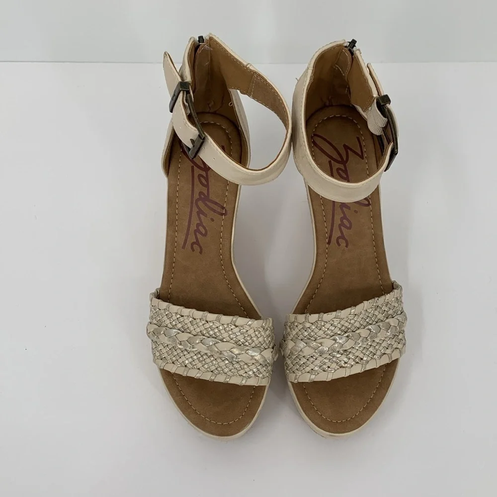 Zodiac Sabeen Espadrille wedge platform sandals ankle strap braided tan gold 10